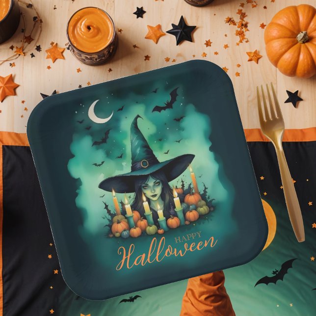 Assiettes En Carton Attractive & Mystical Halloween Witch Conjures (Attractive & Mystical Halloween Witch Conjures Paper Plates.)