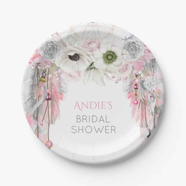 Assiettes En Carton Attrape-rêve Boho Rose Plumes Grises Cristaux (Devant)