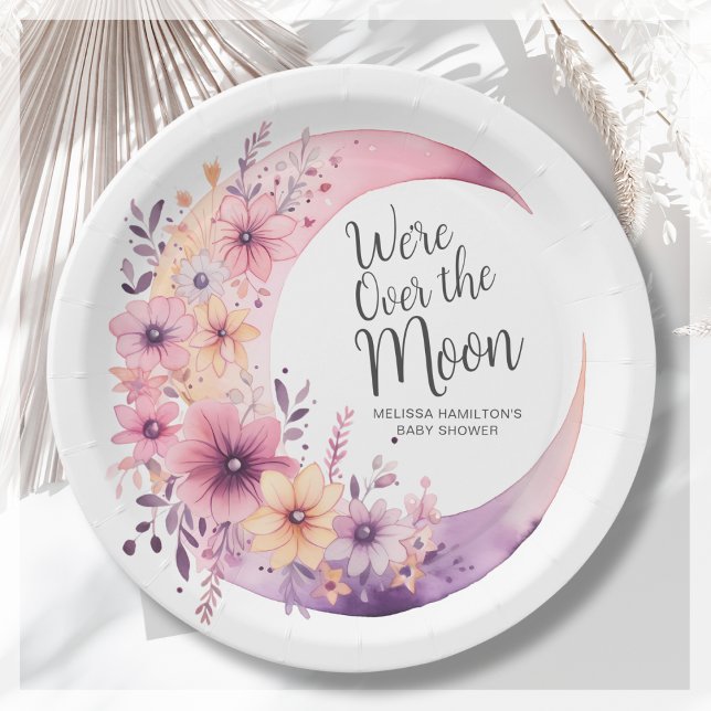 Assiettes En Carton Au-Dessus De La Lune | Baby shower floral (Créateur téléchargé)