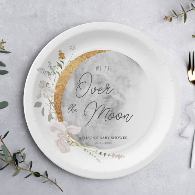 Assiettes En Carton Au-dessus de la lune fleurie boho genre neutre (Créateur téléchargé)