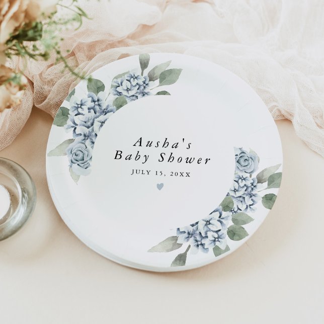Assiettes En Carton AUSHA Dusty Blue Floral Boy Baby shower (Créateur téléchargé)