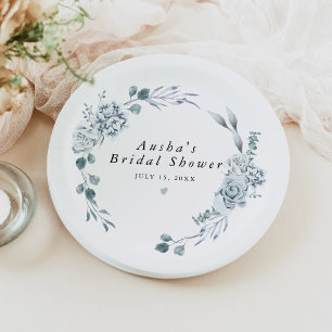 Assiettes En Carton AUSHA Dusty Blue Floral Boy Baby shower