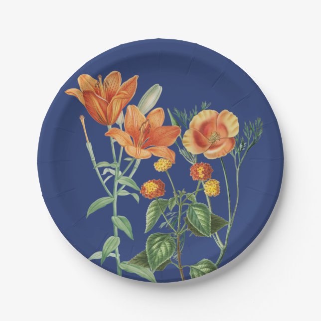 Assiettes En Carton Automne Aquarelle d'automne Orange Floral Bleu (Devant)