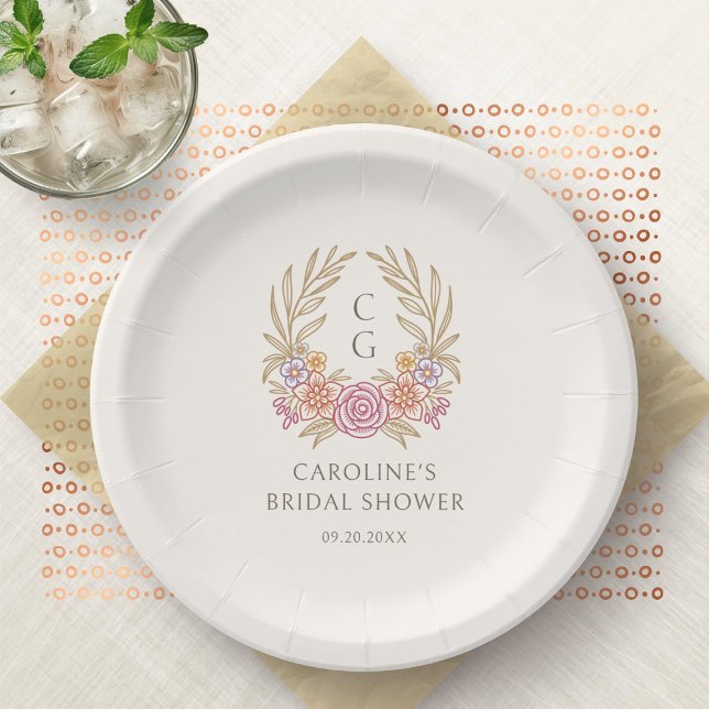 Assiettes En Carton Automne Automne Floral Monogramme Fête des mariées (Créateur téléchargé)