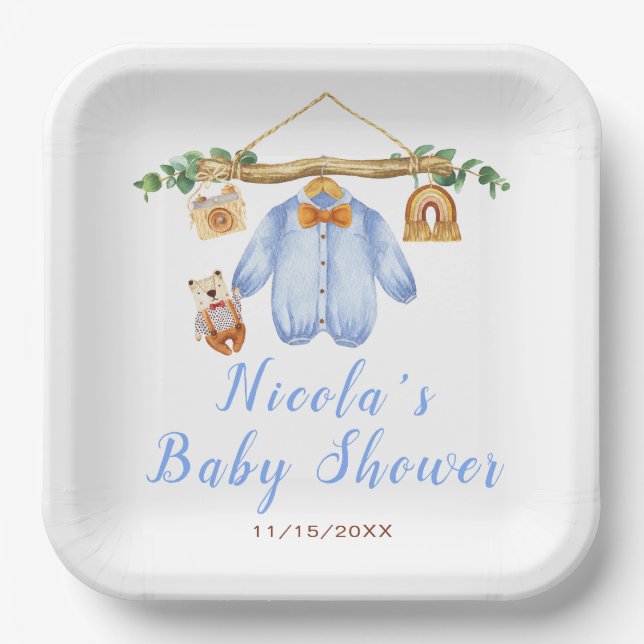 Assiettes En Carton Automne Automne Vêtements Ligne Baby shower garçon (Recto)