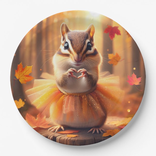 Assiettes En Carton Automne Chipmunk Avec Tutu et Coeur (Devant)