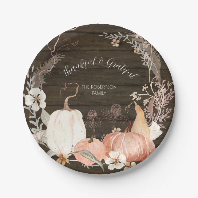 Assiettes En Carton Automne Citrouille Aquarelle Floral Merci Grateful (Devant)