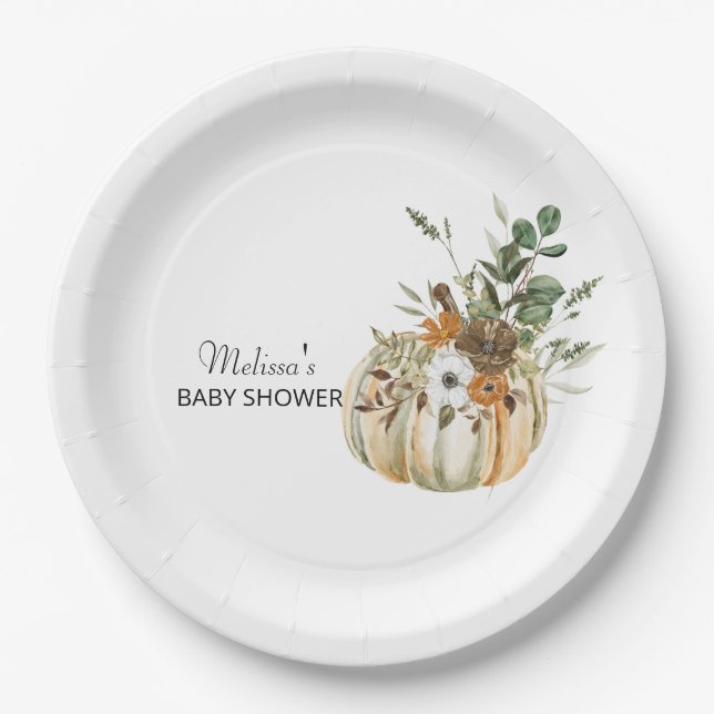 Assiettes En Carton Automne Citrouille Rustique Floral Vert (Devant)