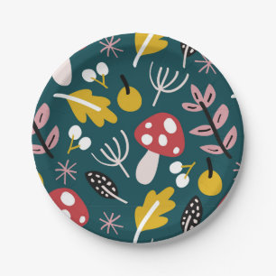 Assiettes En Carton  automne feuilles avec champignons à l'ombre vert