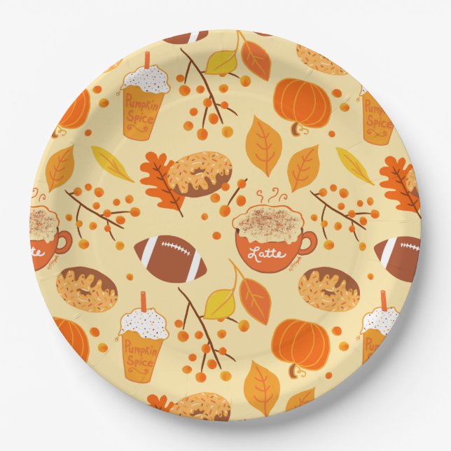 Assiettes En Carton Automne Feuilles Football et Citrouille Motif épic (Devant)