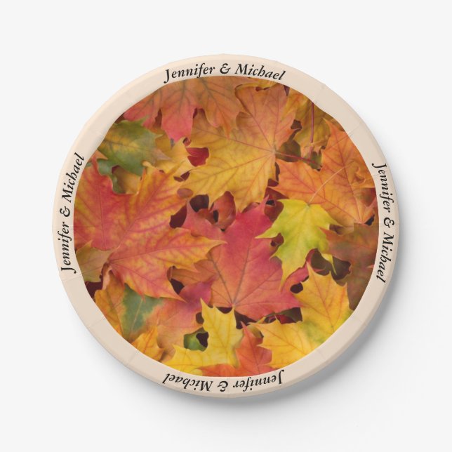 Assiettes En Carton Automne Feuilles Personnalisées Noms Mariage Récep (Devant)