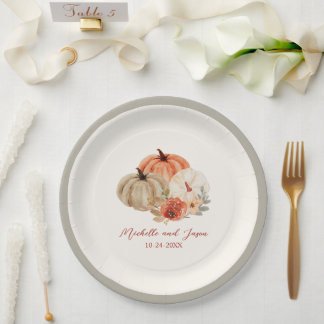 Assiettes En Carton Automne Fleurs Citrouilles Élégantes Tombant amour