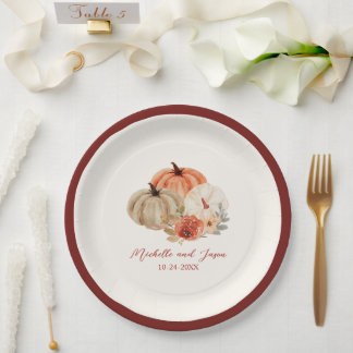 Assiettes En Carton Automne Fleurs Citrouilles Élégantes Tombant amour