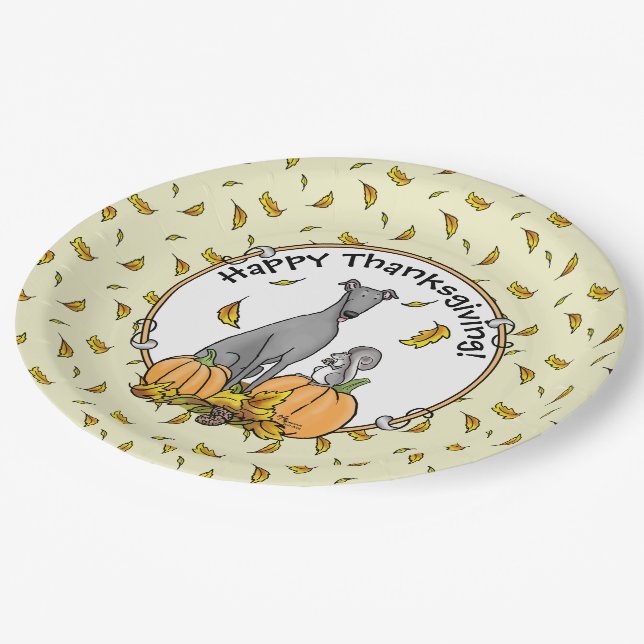 Assiettes En Carton Automne Greyhound (gris) Chien Citrouille Feuilles (Angle)