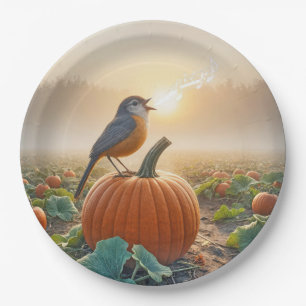 Assiettes En Carton Automne Robin chantant sur un Citrouille