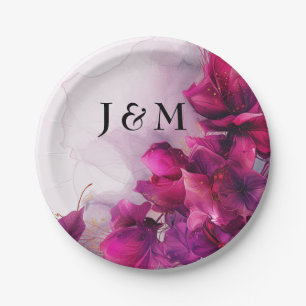 Assiettes En Carton Avec initiales Fuchsia Enchantement : Aquarelle
