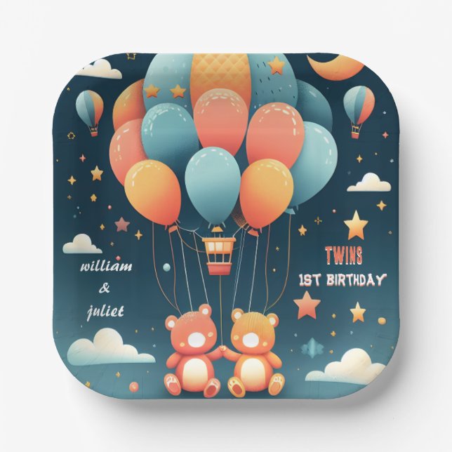 Assiettes En Carton Avec l'ours joint Hot Air Balloon Twins 1er annive (Recto)