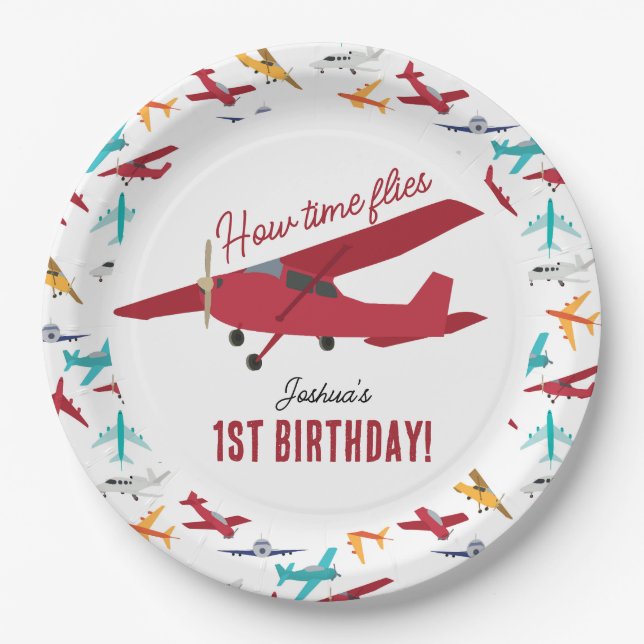 Assiettes En Carton Avion Enfants 1er anniversaire Fête heure vols (Devant)