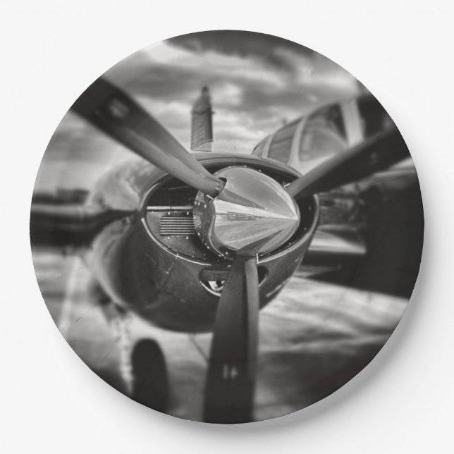 Assiettes En Carton Avion propulseur noir et blanc (Devant)