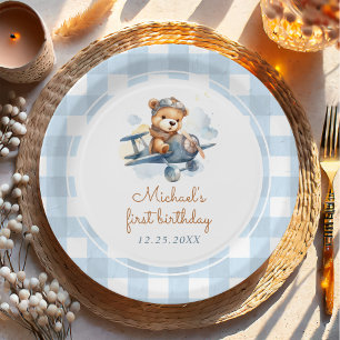 Assiettes En Carton Avion Teddy Bear Bleu 1er anniversaire
