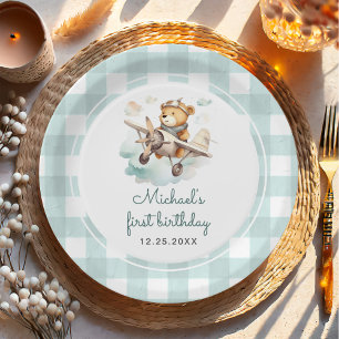 Assiettes En Carton Avion Teddy Bear Pastel En vichy 1er anniversaire
