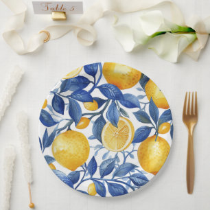 Assiettes En Carton Azulejo Lemons Motif Feuille bleu