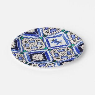 Assiettes En Carton Azulejo Motif espagnol Carreaux marine Monogramme