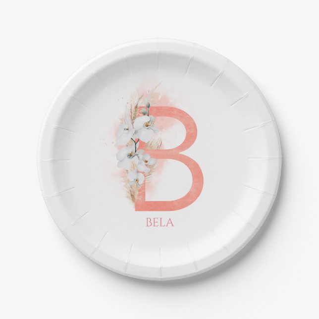 Assiettes En Carton B Monogramme Nom Herbe de la Pampa Orchidées Blanc (Devant)