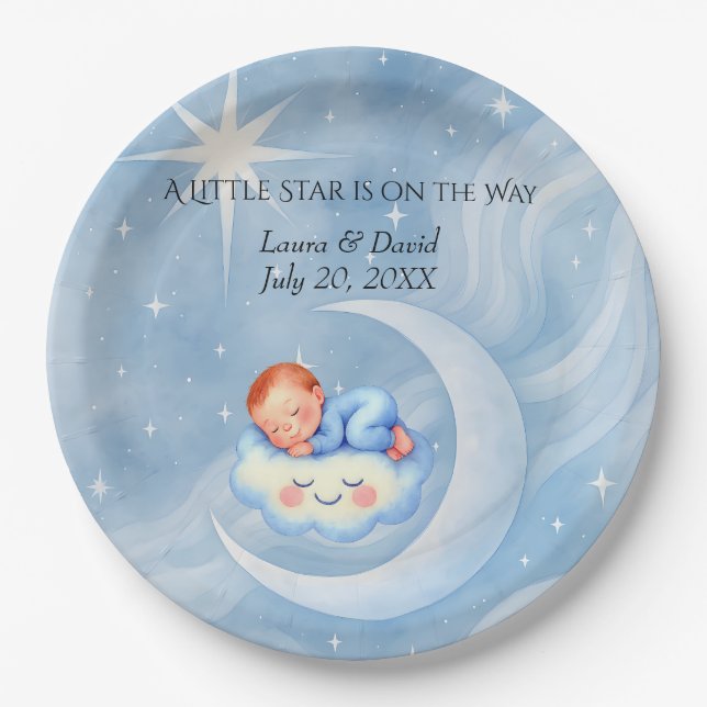 Assiettes En Carton Baby Boy Douche Invitation Lune Étoiles Aquarelle (Devant)