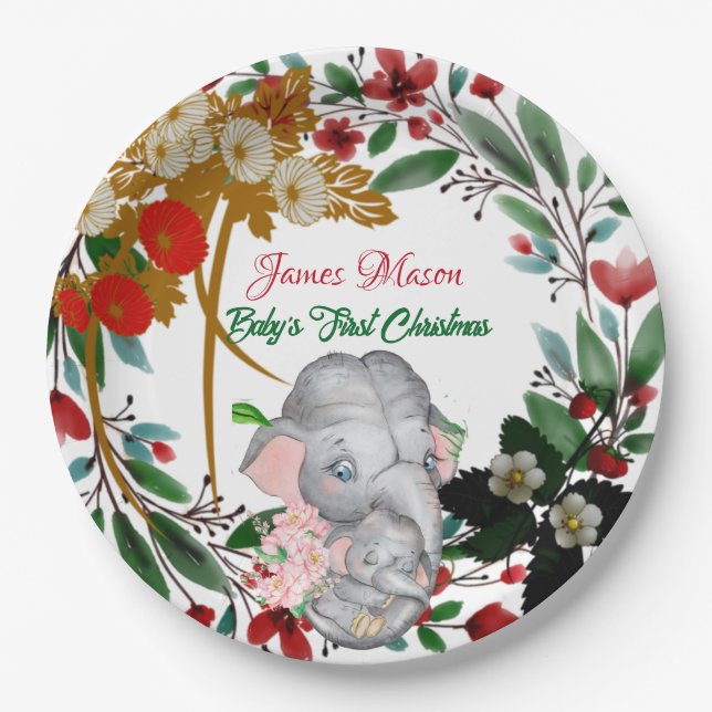 Assiettes En Carton Baby Elephant 1er Noël Botanique Green Wreath (Devant)
