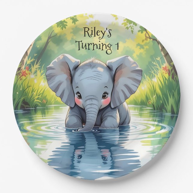 Assiettes En Carton Baby Elephant Themed  Birthday Party Personalized (Devant)