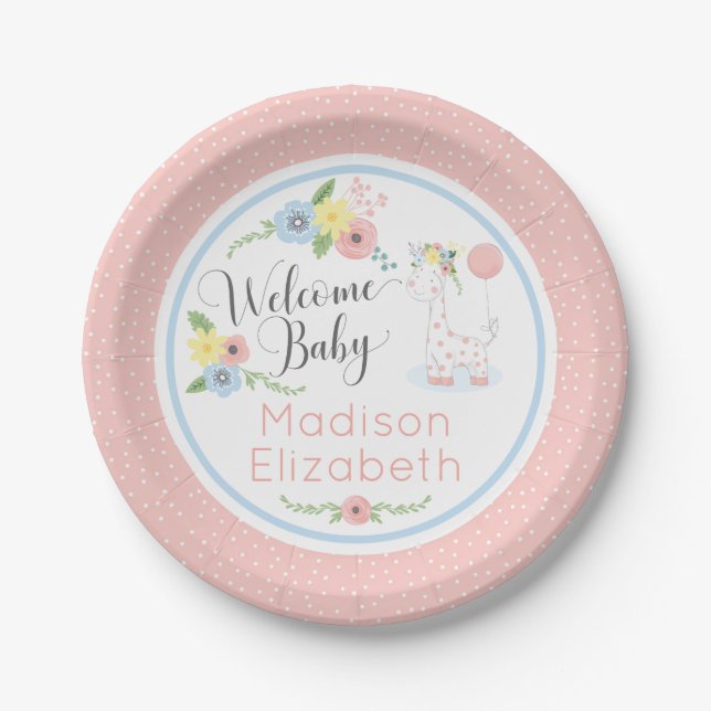 Assiettes En Carton Baby Giraffe Floral Calf Welcome Baby shower Party (Devant)