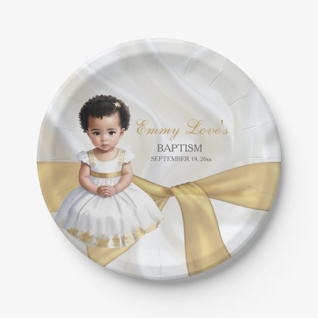 Assiettes En Carton Baby Girl Baptism Christening Blanc & Or (Devant)