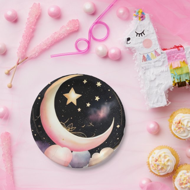 Assiettes En Carton Baby Girl Douche : Lune céleste et étoiles (Fête)