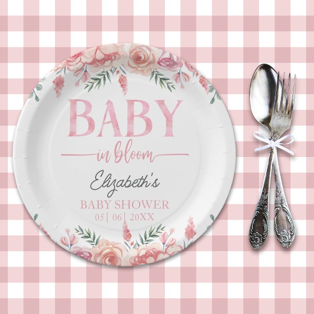 Assiettes En Carton Baby in Bloom – Girl Baby Shower, Pink Flowers (Créateur téléchargé)