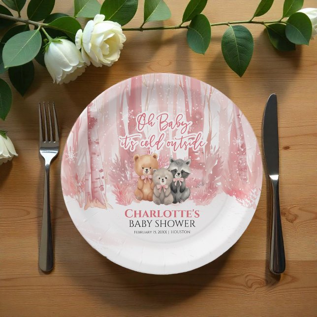 Assiettes En Carton Baby it's cold outside Pink Forest Baby Shower  (Créateur téléchargé)