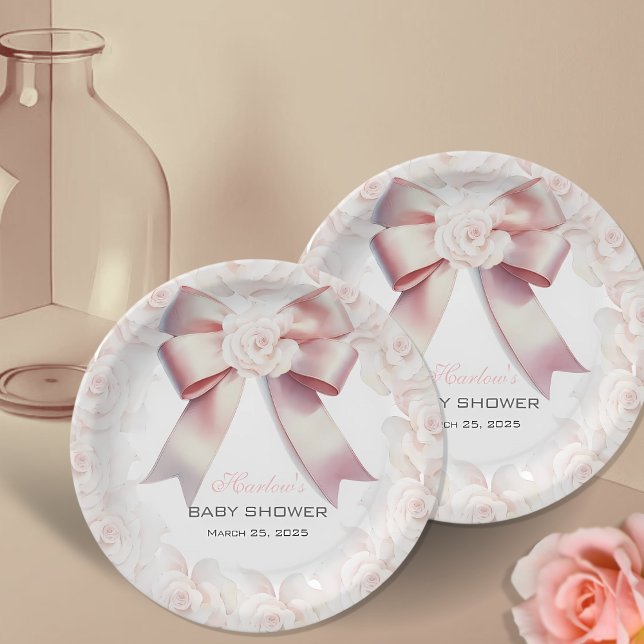 Assiettes En Carton Baby shower à fleurs de Bow rose (Créateur téléchargé)