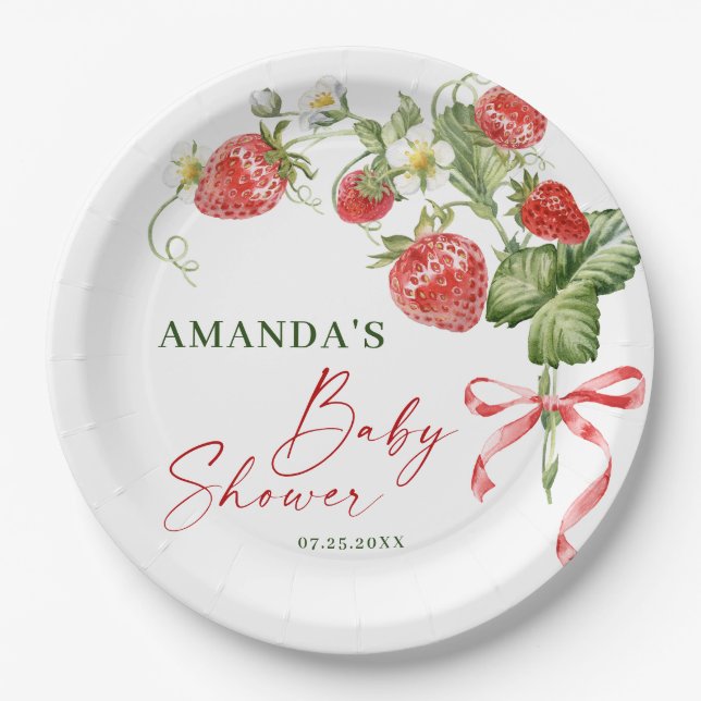 Assiettes En Carton Baby shower à l'aquarelle tendance Meadow Strawber (Devant)