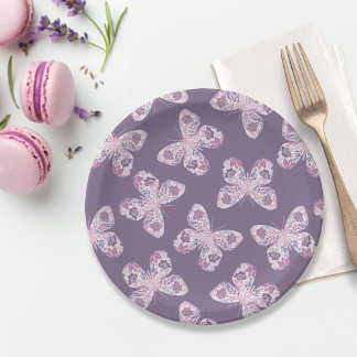 Assiettes En Carton Baby shower à motifs de papillon rose pourpre