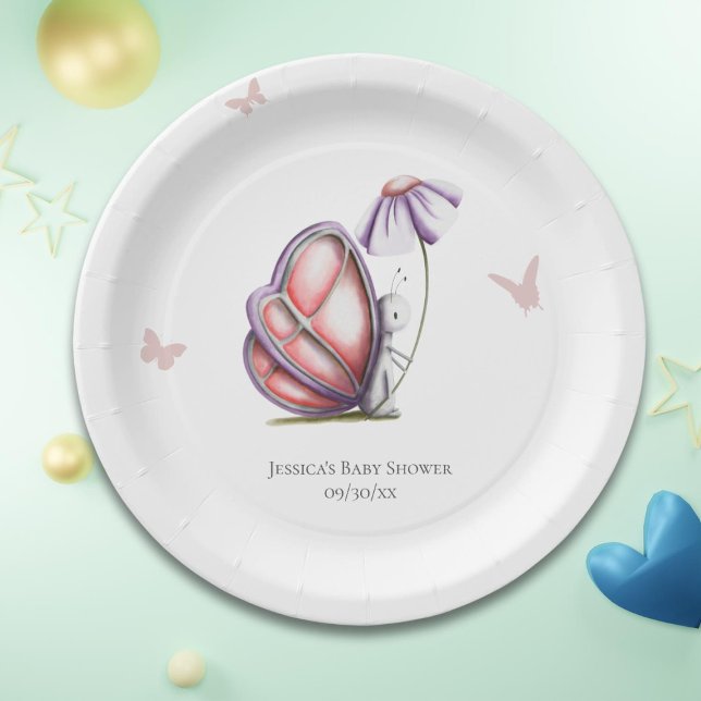 Assiettes En Carton Baby shower à papillon Aquarelle mignon (Créateur téléchargé)