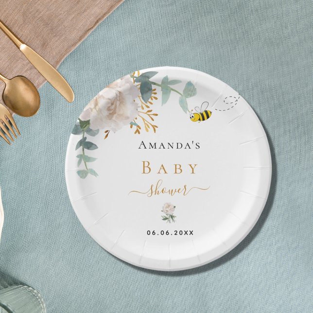 Assiettes En Carton Baby shower abeille fleurie eucalyptus verdure (Créateur téléchargé)