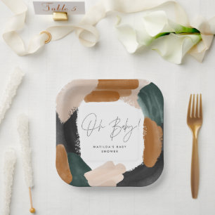 Assiettes En Carton Baby shower abstrait en terre cuite verte