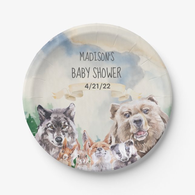 Assiettes En Carton Baby shower Adorable Bois Animaux Aquarelle (Devant)