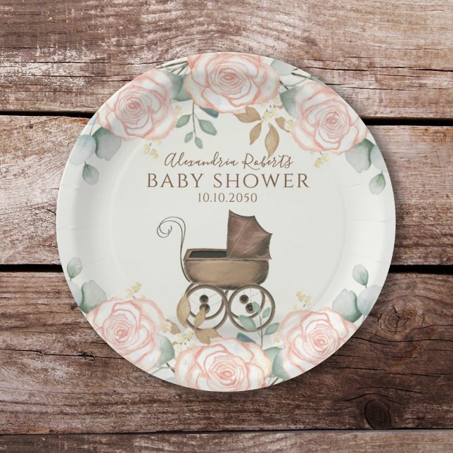 Assiettes En Carton Baby shower Aquarelle mignonne fille Eucalyptus Fl (Créateur téléchargé)