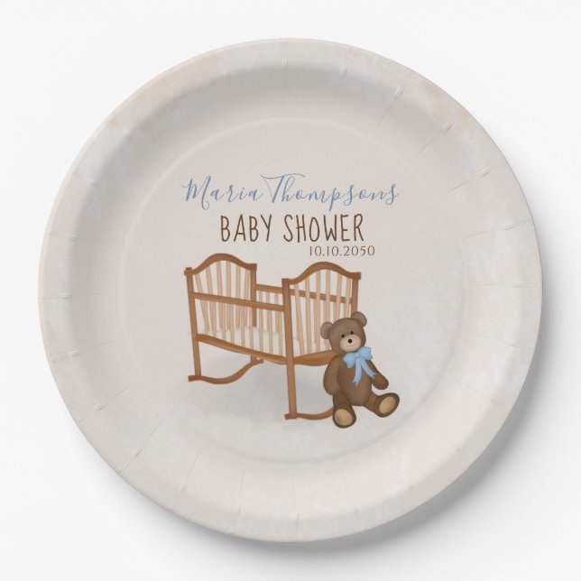 Assiettes En Carton Baby shower Aquarelle Moderne Teddy Berceau Ours (Devant)