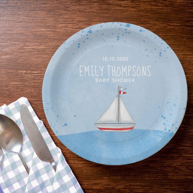 Assiettes En Carton Baby shower Aquarelle Rustique Moderne Voilier (Cute watercolor sailboats custom baby shower paper plate. )