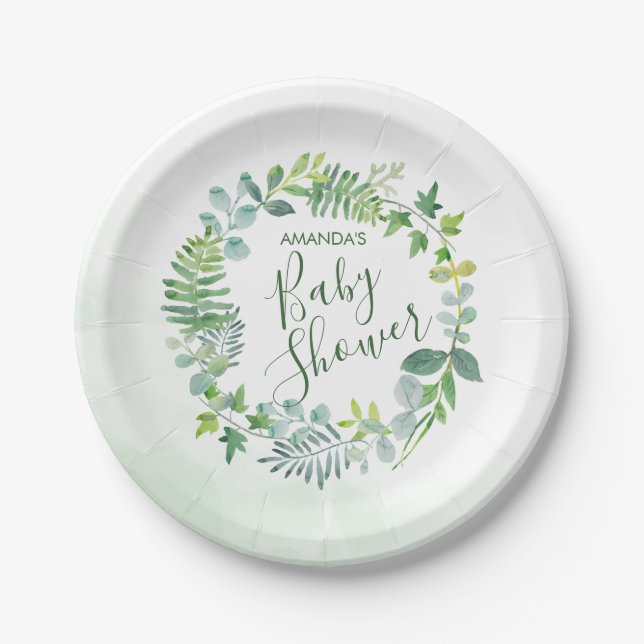 Assiettes En Carton Baby shower Aquarelle Verdure couronne (Devant)