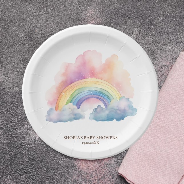 Assiettes En Carton Baby shower arc-en-ciel à l'aquarelle (Créateur téléchargé)