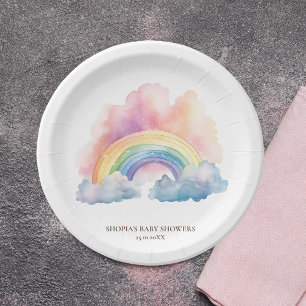 Assiettes En Carton Baby shower arc-en-ciel à l'aquarelle