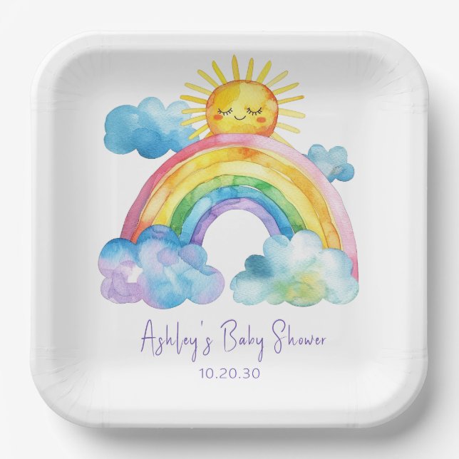 Assiettes En Carton Baby Shower Arc-en-Ciel à l'Aquarelle (Recto)